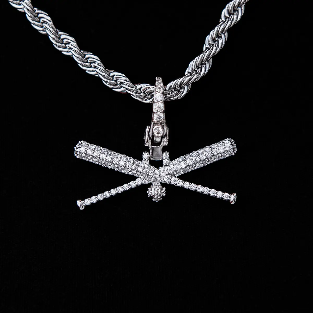 GLD Iced Baseball Bat Clip On Pendant - 18k White Gold Plated, Life Guarantee - Perfect Gift(Chain Not Included)