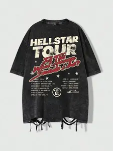 Men's Retro Style Letter Print Washed Distressed Ripped Hem Design Round Neck Tee, Regular Fit Casual Comfy Fashion Short Sleeve Crew Neck T-shirt, Men's Top for Spring & Fall Casual Streetwear, Casual Letters Print