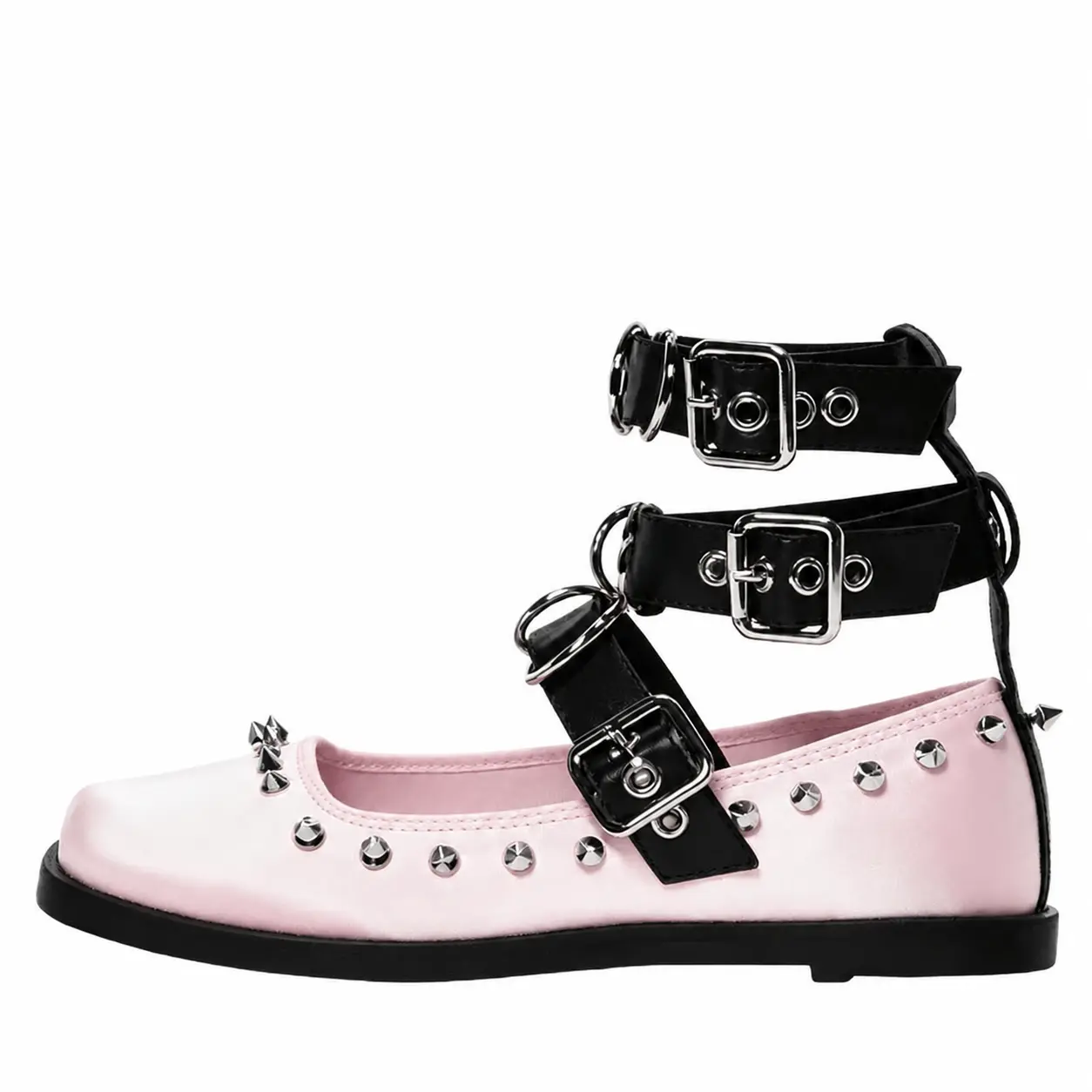 Custom Made Pink Satin Studded Ballet Flats with Multi Ankle Straps Womens Gothic Punk Mary Jane Shoes Y2K Alt Aesthetic Buckle Flats Comfortable Edgy Casual Footwear