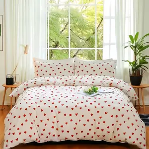 Three-Piece Full Cotton Printed Bedding Set, Romantic Heart Print, Soft Breathable Fabric, 1 Duvet Cover  and 2 Pillowcases,No Insert Perfect Gift Choice, Soft Bedding Sets