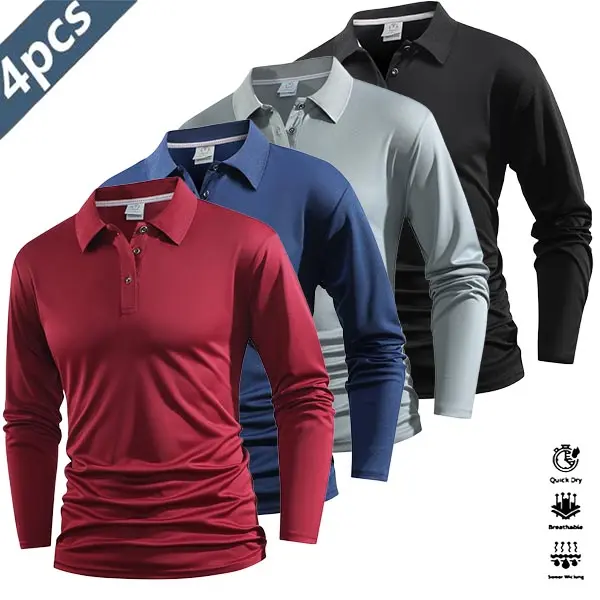 Men's 4-Piece Casual Polyester Athletic Polo Set - Long-Sleeve Colorblock Collar/Cuffs, 2026 Printed Design, Lightweight, Breathable, Fast-Dry Fabric, All Seasons, Complete Wardrobe Addition for Golf, Tennis,sohochic