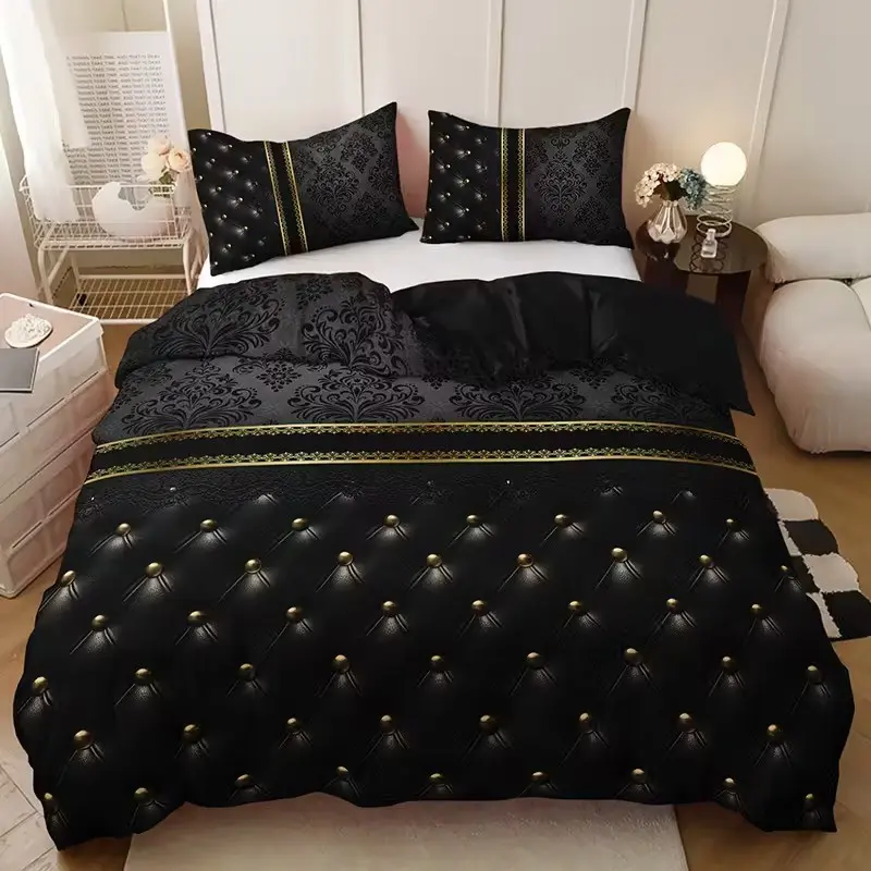 Luxury Gold Jacquard Print Decorative Bedding Set, 3 Piece (1 Fitted Sheet + 2 Pillowcases), Soft Comfortable, Bedroom Dorm Guest Room Decor, Decorative Bedsheet Sets