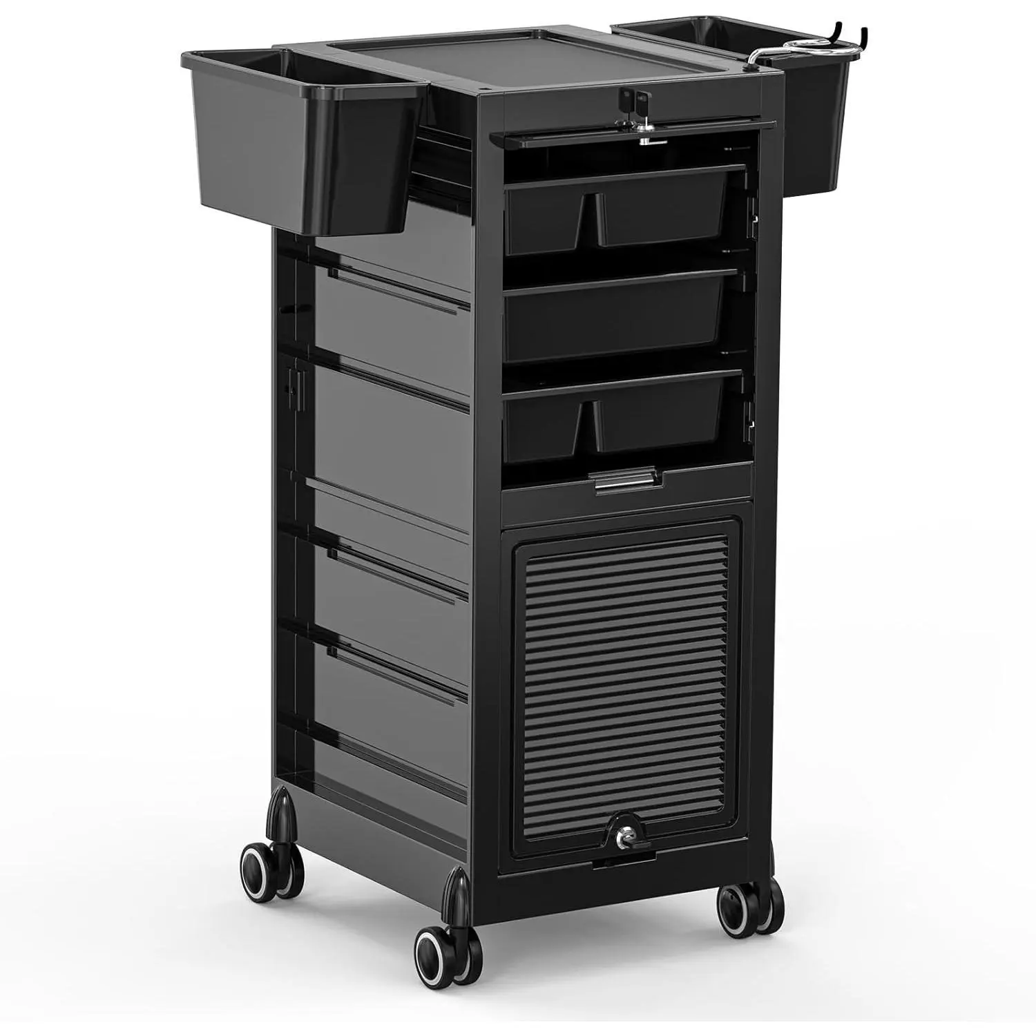 OmySalon Sturdy Rectangular Commercial Salon Trolley Cart - 2 Lockable Doors, 4-Drawer Tool Sort Storage, Rolling Wheels, 4+2 Compartments, Adjustable Bucket & Dryer Holder for Barber Shop (Tools Stay Secure)