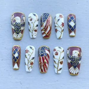 Handmade Patriotic Eagle Press-On False Nails - Gold Outline, USA Flag Design, Vintage Holiday Nail Art Decorations