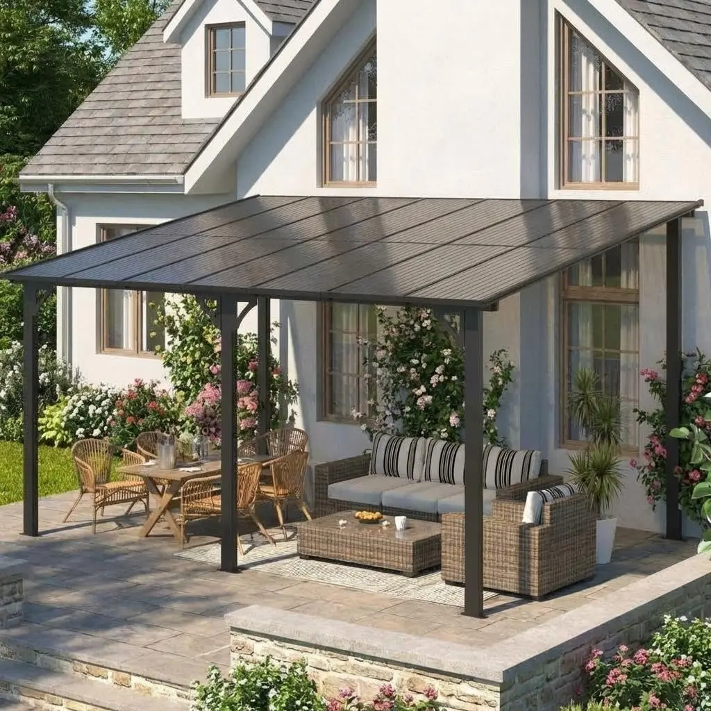 10x14Ft Wall-Mounted Gazebo, Hardtop Lean-to Pergola with Roof and Gutters, Heavy-Duty Large Outdoor Awning, Suitable for Patio, Deck, Porch, Backyard (Black)