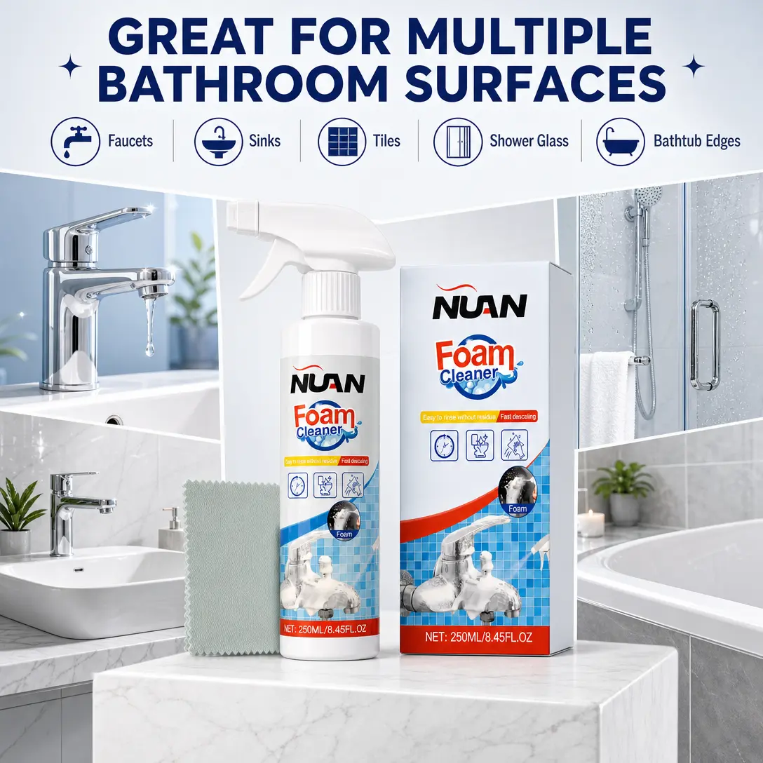 Household Deep Cleaning Bathroom Foam Cleaner Spray - Targets Tough Stains, Limescale, Grime, Mold; Safe for Glass, Ceramic, Metal, Plastic, Mirrors; Use with Cloth on Bathtubs, Showers, Toilet Areas; Leaves Surfaces Gleaming