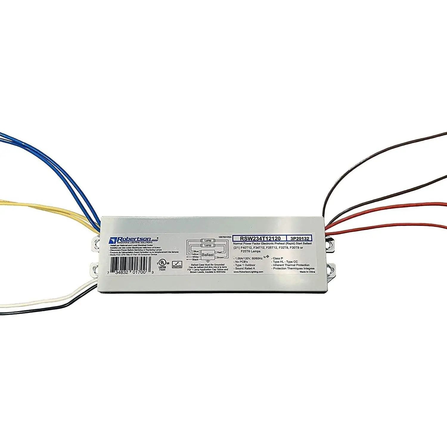 Robertson RSW234T12120 (3P20132) Fluorescent Electronic Ballast, 120Vac, for 1 or 2 T8 Lamps between 25W to 32W, or 1 or 2 T12 Lamps between 25W to 40W, Preheat Rapid Start Operation (Qty 1 ea.)