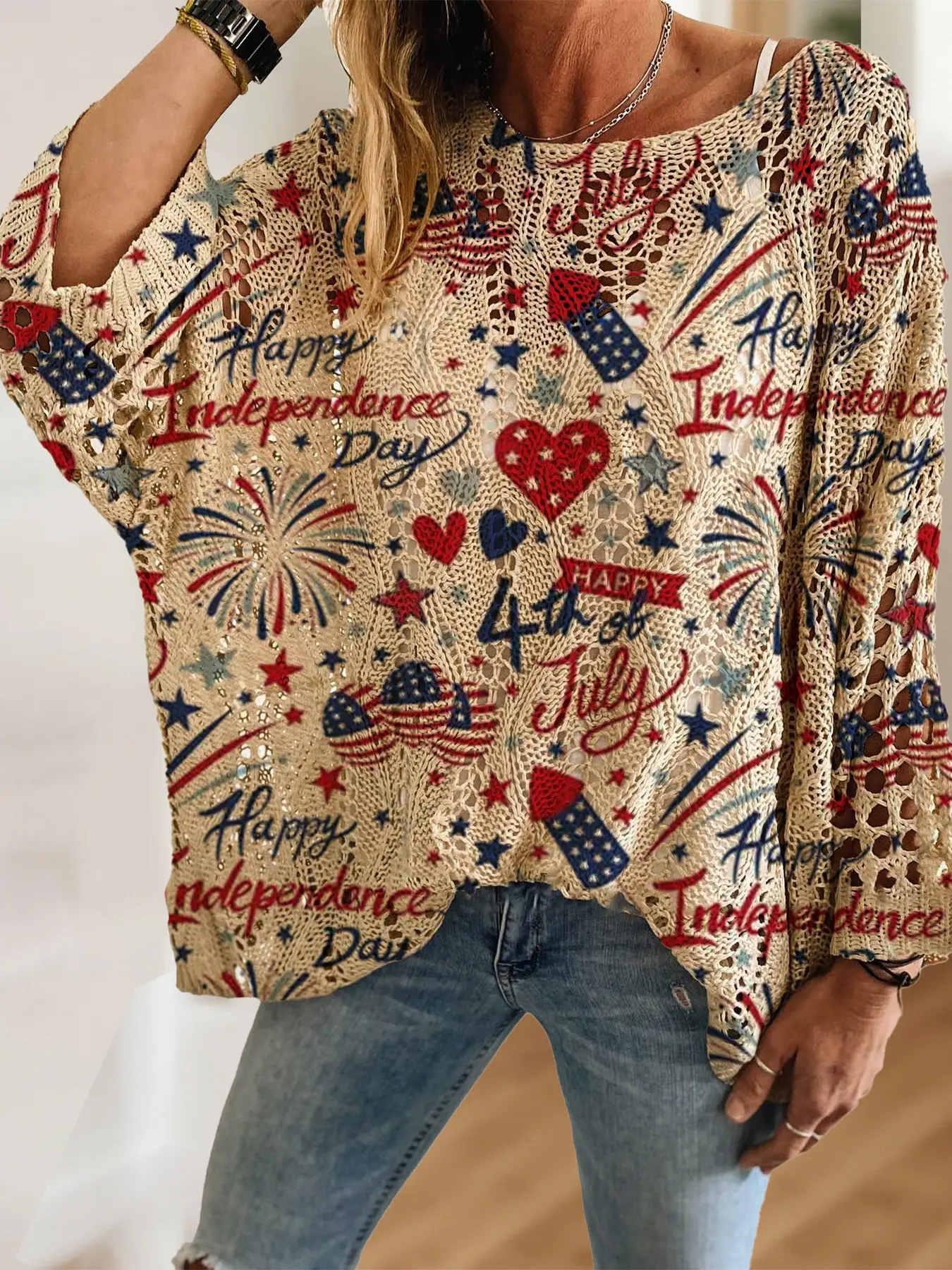 Women's Boho Bohemian Style Vibe Independence Day Printed Knit Knitwear Hollow Top, Casual Loose Jumpers, Casual Elegant Vacation Long Sleeve Batwing Sweater, Comfortable Breathable Loose Fit