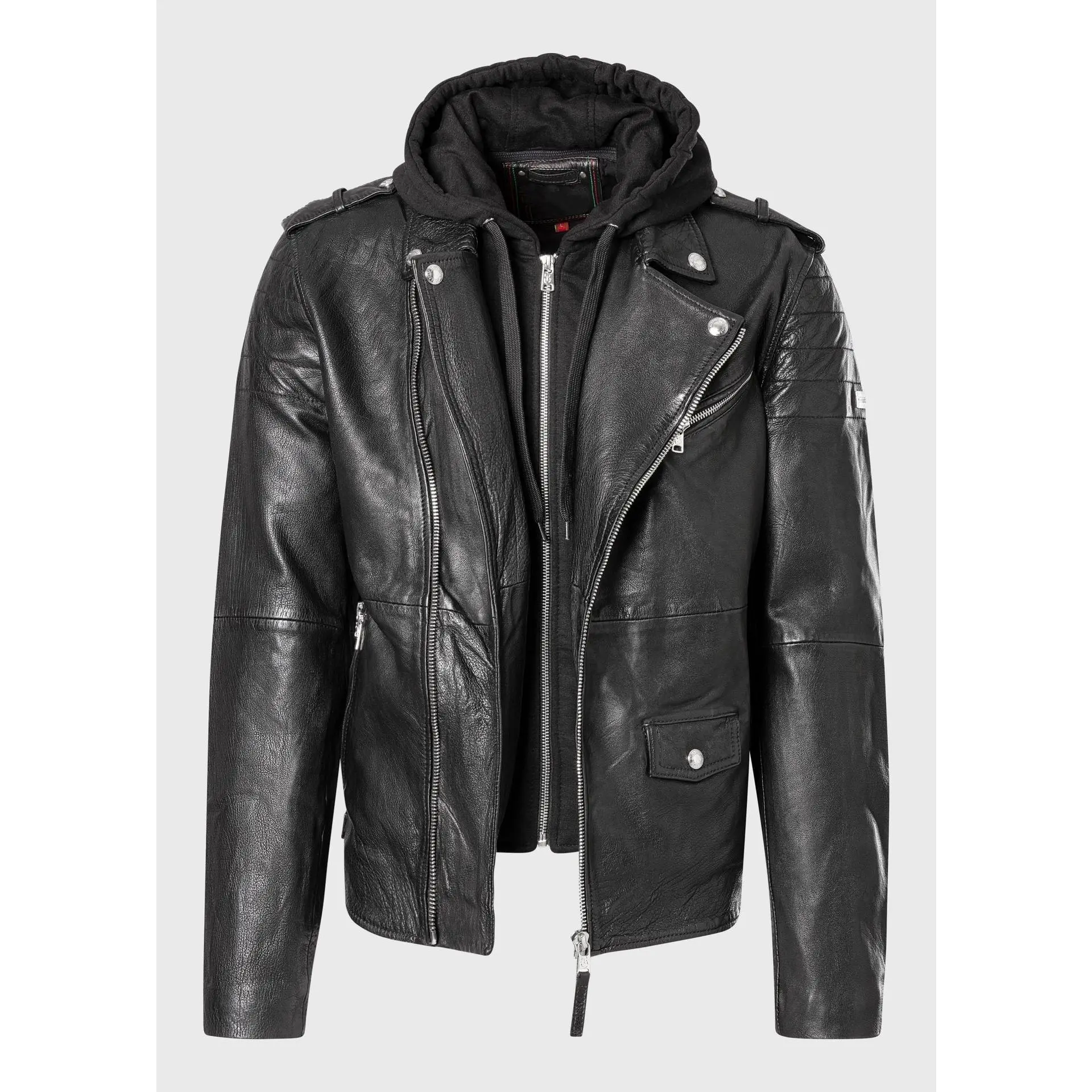 Men's Buffalo Leather Biker Jacket with Removable Hood Insert – Real Heavy Leather Asymmetric Moto Jacket (S–3XL)