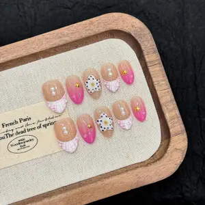 10pcs Handmade Short Almond Shape Nails, Pretty False Nails, Coral French Shell Pattern, Glossy Finish, Suitable for Women