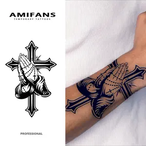 AMIFANS Temporary Tattoo Praying Hands & Cross, Semi Permanent Tattoo, Lasting 1-2 Weeks Tattoo, Juice Tattoo, Realistic Tattoo, Sticker Tattoos, Tattoo Stickers, Waterproof, Authentic Tattoo Look, Niche Design Tattoo, Fruit Tattoo