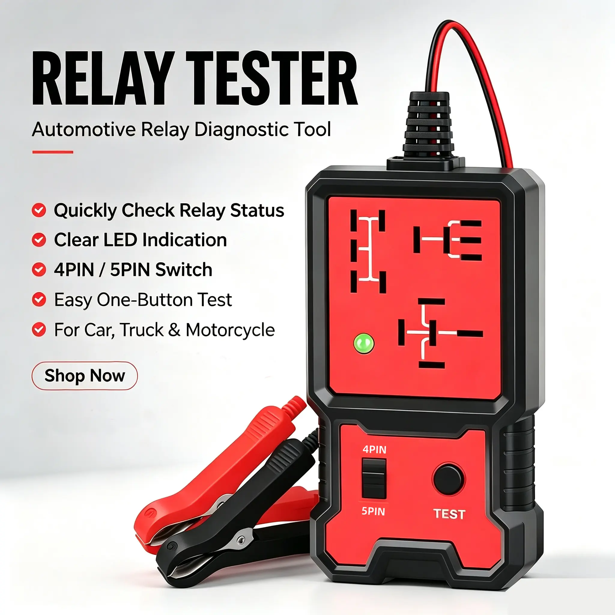 12V Universal Handheld Compact Car Diagnostic Tool - Portable Battery Checker with LED Indicator, Relay Connector, Car Accessories for Circuit Test, Relay Check, Vehicle Diagnostics, Quick Circuit Fixes