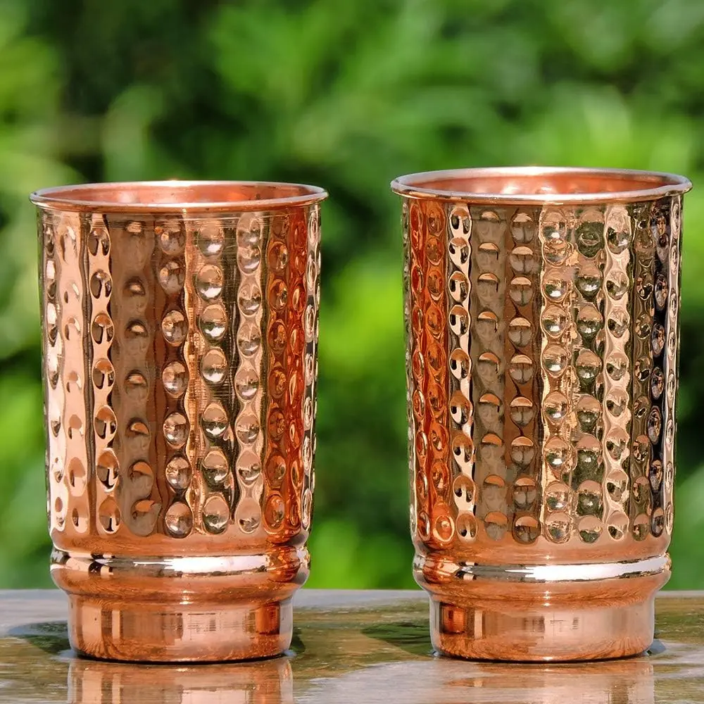 Copper Set of 2 Tumbler 400 ml / 13.5 Oz 100% Pure Copper Hammered Glasses for Ayurvedic Health Benefits with Refreshing Drink - Bottles, Drinkware