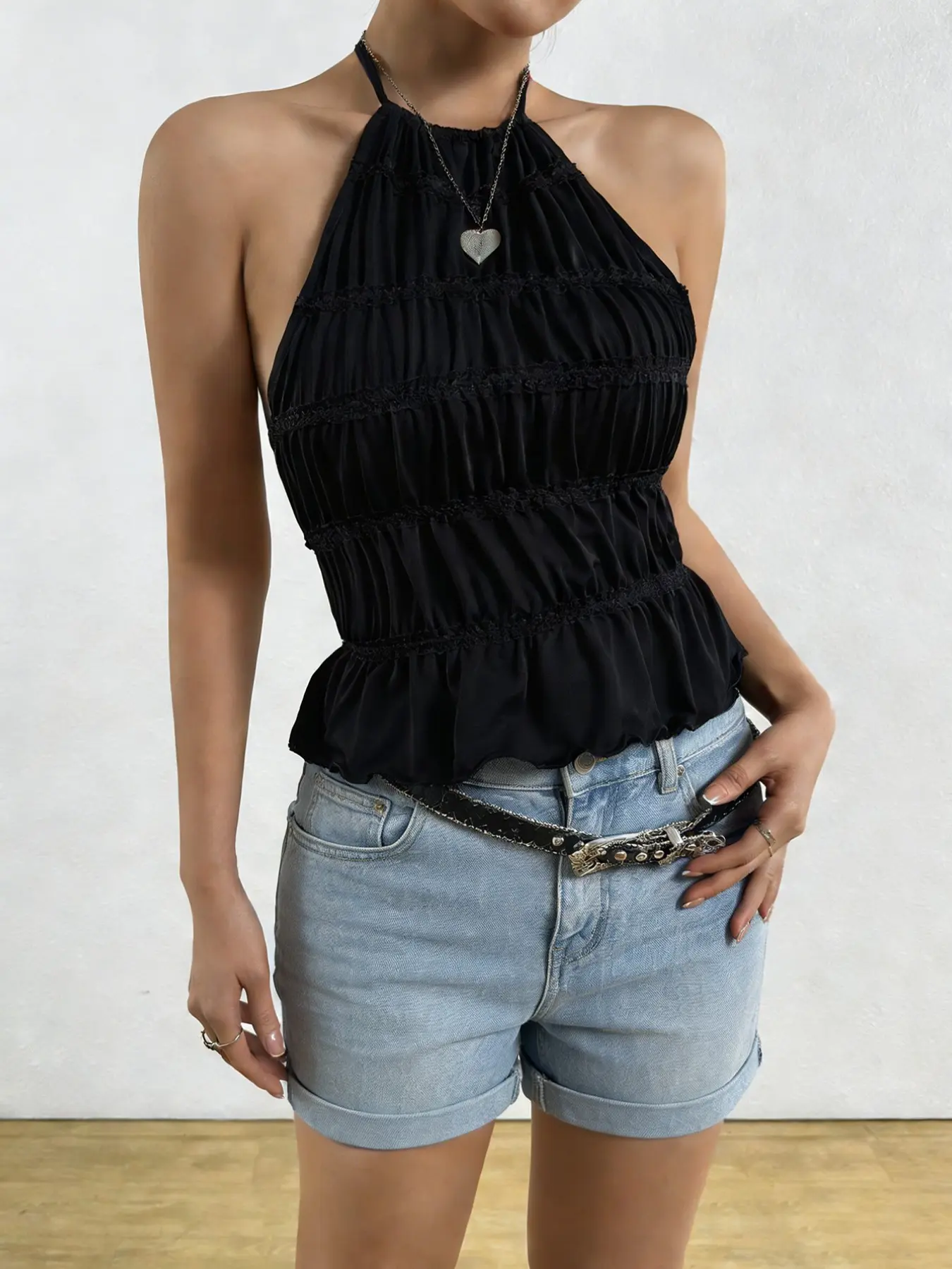 Pure Color Ruched Backless Adjustable Tie Top Sleeveless Sexy Aesthetic Elegance Fitted Slim Fit Lace Up Halter Neck Blouse, Women's Fashionable Summer Wear, Halter Neckline Top, Womenswear