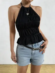 Pure Color Ruched Backless Tie Top Sleeveless Sexy Slim Fit Lace Up Halter Neck Blouse, Women's Fashionable Summer Wear