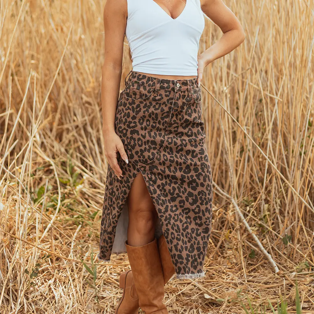 Sky Leopard Print Denim Skirt for Women - High-Waisted Street Style Midi with Side Slit, Casual Fitted Design, High Waist, Polyester Blend