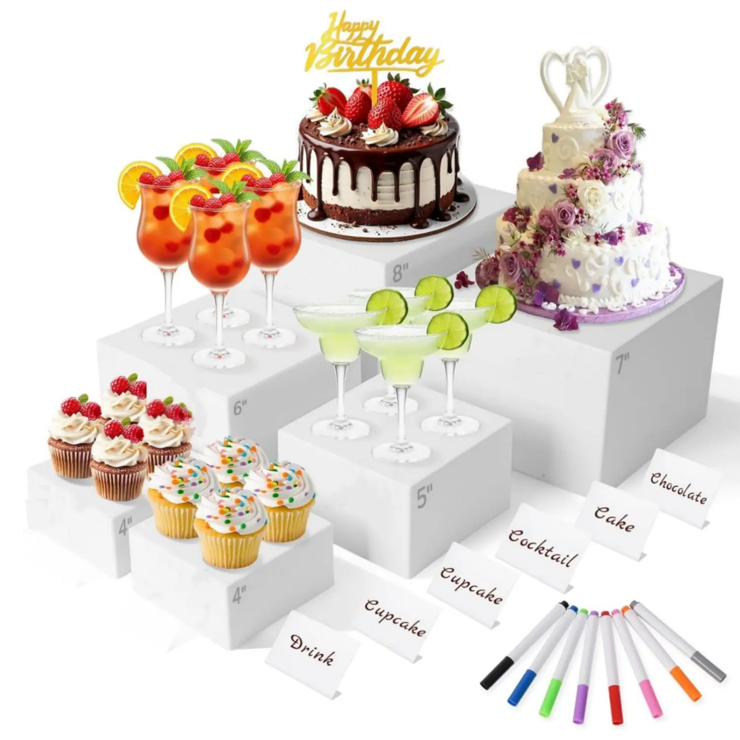 6 Pack Acrylic Buffet Risers with Mini Signs and Makers, White Food Display Stands with Hollow Bottoms, Nesting Cube Boxes for Party, Dessert, Jewelry & Collectibles (8",7",6",5",4",4")