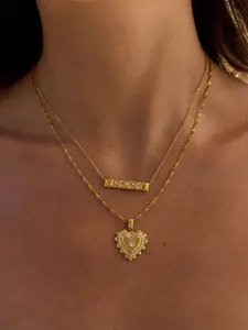 Ladies Necklace Set Stackable Ribbed Heart Shaped Love Necklace Pendant Stainless Steel 18k Gold Plated Waterproof Anti Allergy Sweet Elegant Classic Jewelry Party Gift Dainty Necklace