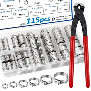 115PCS 6-28.6mm Single Ear Hose Clamps with Ear clamps plier 10-Sizes Crimp Hose Clamps for Auto,Home