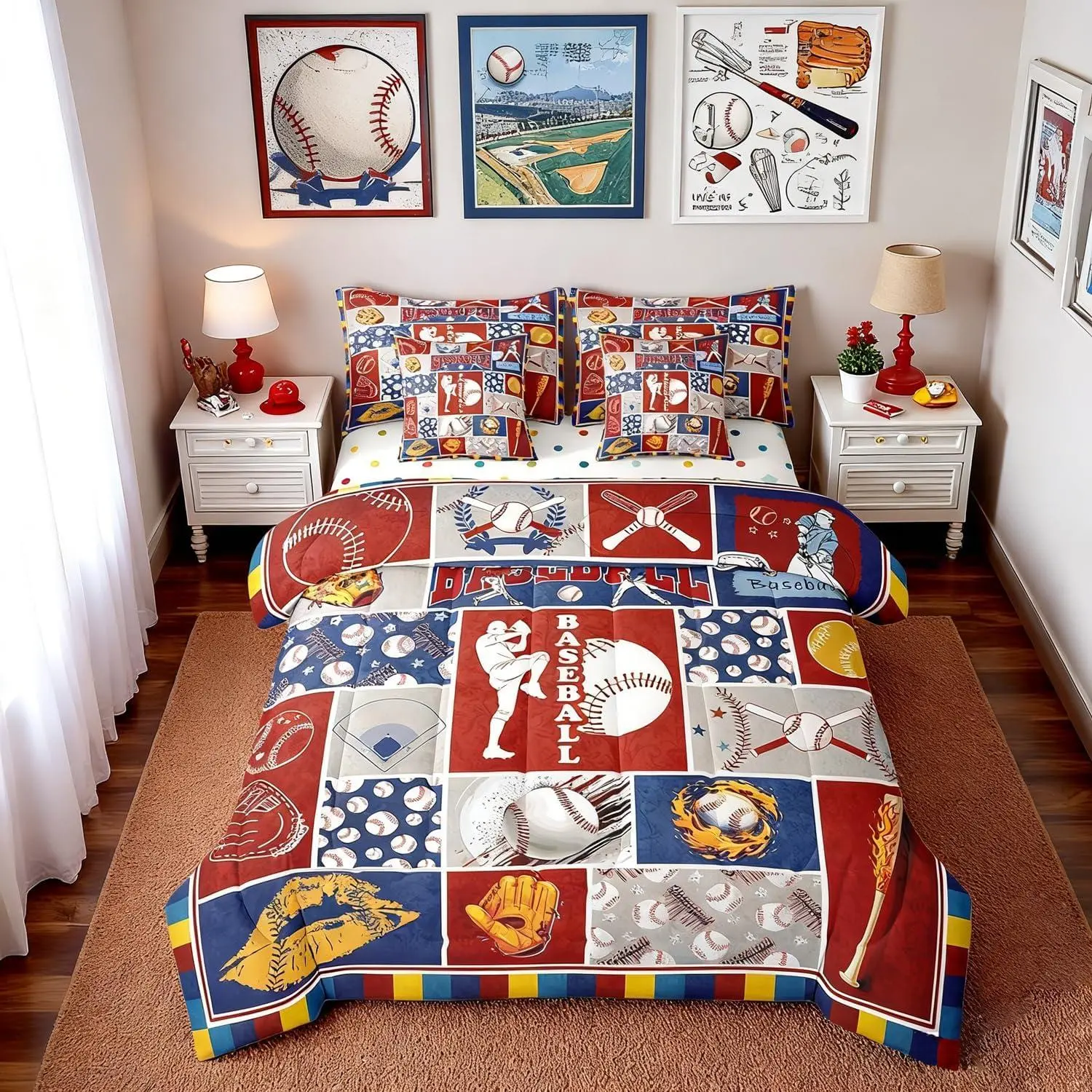 Baseball Glove Comforter Set with Sheets,Vintage Baseball Bat 7-Piece Bedding Set,Ball Sports Bed in a Bag,Patchwork Style Softball Ball Game Room Decor