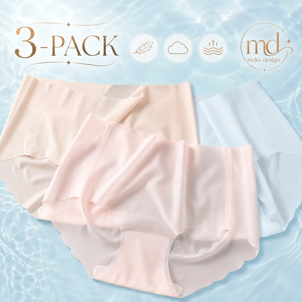 3-Pack Women's Seamless Scalloped Edge Panties, No Show Mid-Rise Ice Silk Briefs, Ultra-Soft Stretch Breathable Underwear with Cotton Gusset, Full Coverage Invisible Bikini Panties for Leggings, Dresses and Everyday Wear, Pink Blue Nude, Cooling Comfort