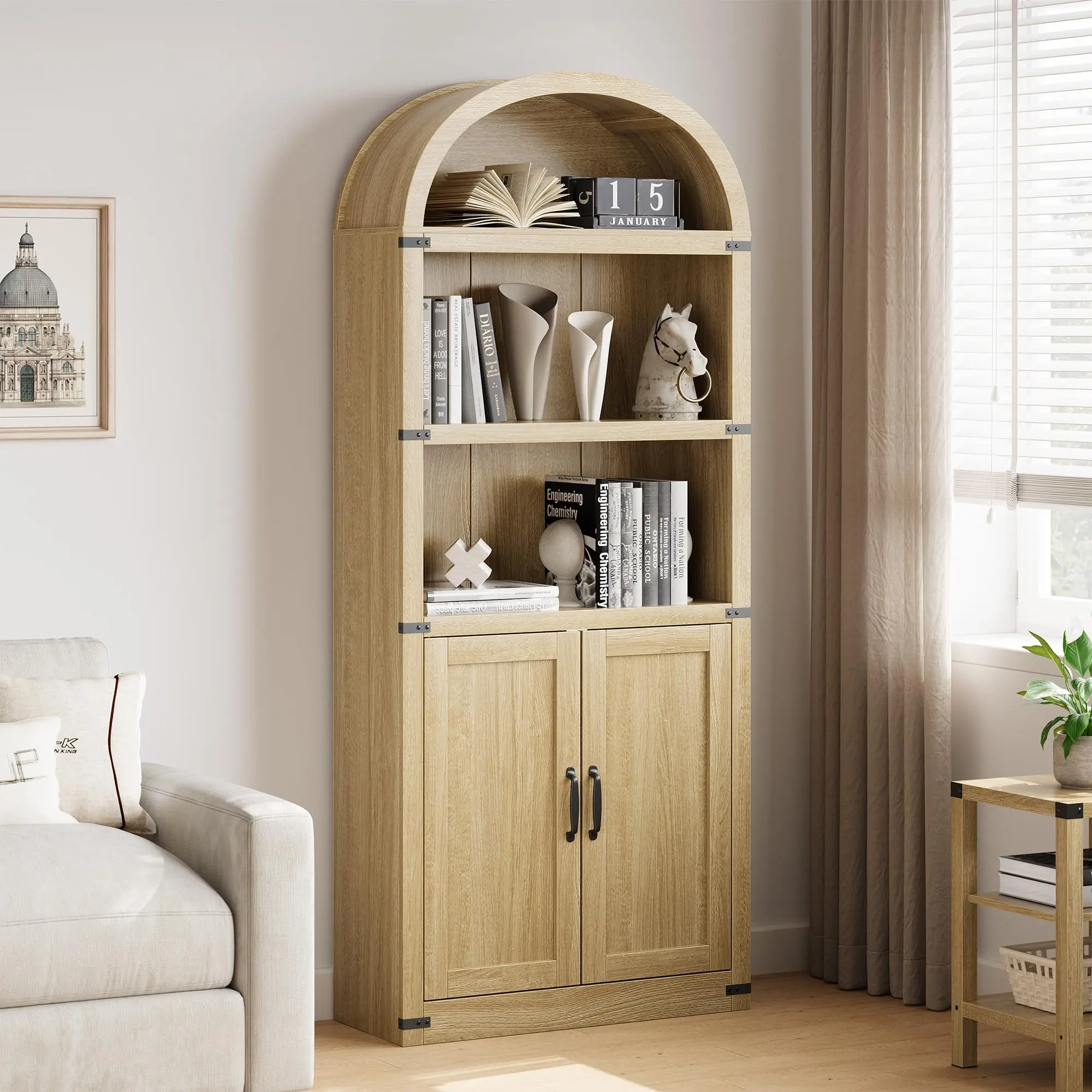Garvee 3-Tier and 5-Tier Arched Wooden Bookcases, 71.65" to 72" Tall, Featuring Doors and Open Shelves, Modern Farmhouse Style with Metal Corner Protection, Suitable for Living Room, Bedroom, Office, and Library