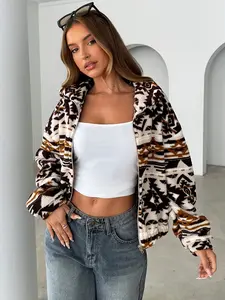 Women's Fashion Casual Geometric Pattern Zipper Fleece Jacket, Fall Winter Outerwear, Casual Bohemian Outerwear, Comfortable and Stylish Women's Coat