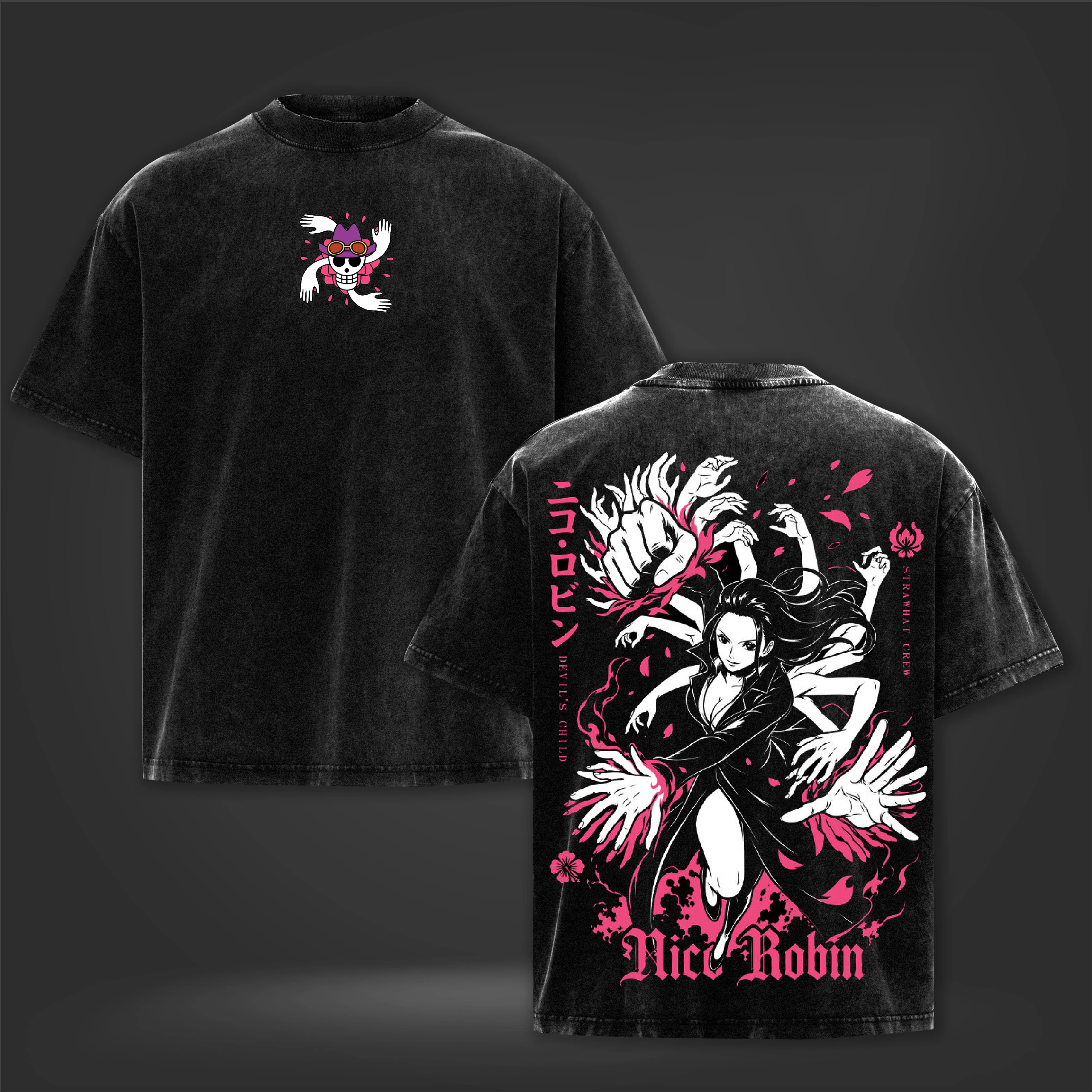 Robin Devil’s Child Anime Vintage Washed Black Oversized T-Shirt, Front and Back Opiece Graphic Tee