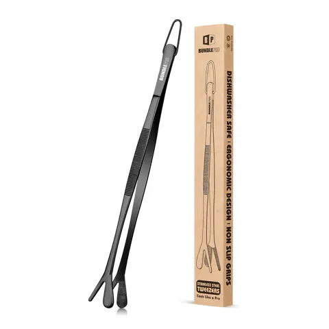 BUNDLEPRO Professional 12-Inch Long Stainless Steel Tongs Set - Durable Kitchenware with Steady Fine Teeth, Pointed & Round Tips, Dishwasher Safe for Barbecue Cooking Kitchen, BBQ & Roasting Use, Caviar Kernel Picking