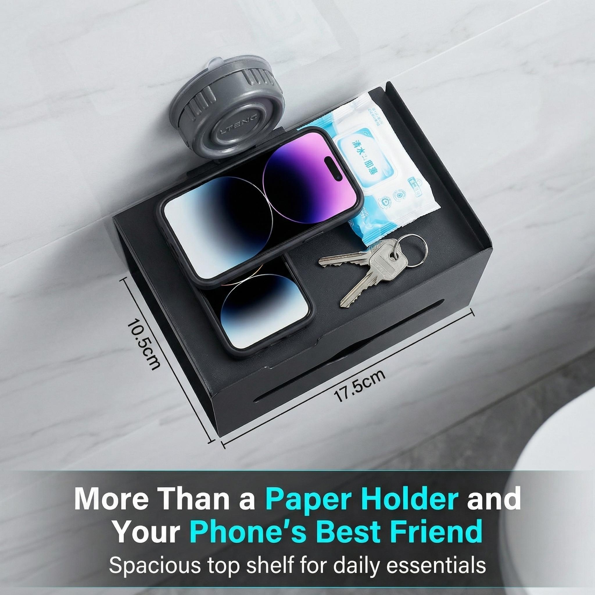 Suction Cup Toilet Paper Holder with Shelf, No Drill Bathroom Organizer, Heavy-Duty Vacuum Suction, Rustproof Space Aluminum, Matte Black Wall Mount Tissue Dispenser for Bathroom, RV, Rental Friendly