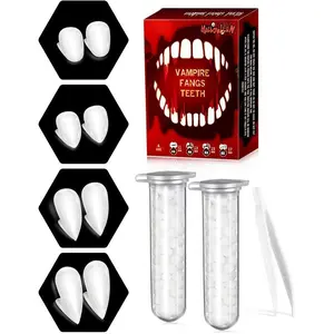 Halloween Vampire Teeth Set, 4 Pairs 4 Size Vampire Fangs Fake Teeth, Cosplay Fangs Reusable, Cosplay Fangs for Braces, Cosplay Teeth Adhesive Makeup & Costume Accessories, Decorations Party Cosplay Props