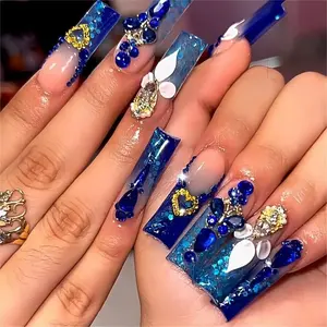 Press on Nails Long Length Square Shape Acrylic Fake Nails with Rhinestones Designs False Nails Mother'S Day Gift
