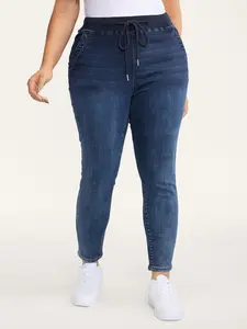 【Summer Turn-Up】【Tummy control】BlOOMCHIC plus size Blue Vintage Skinny-Fit Jeans with High Stretch Drawstring Closure & Slanted Pockets for Leisure Wear Pants Fabric Garment Womenswear Denim [M-6X] 2026 Summer Pick for Mother's Day