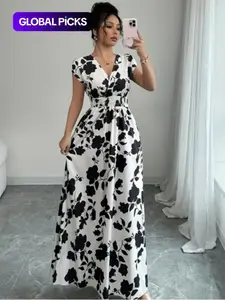 Elegant Women's Summer Dress, Womenswear, V Neck Fitted A-Line Batwing Sleeve, Floral Print, Leaf, Casual Fashion Style, Perfect for Daily Wear & Special Occasions, Casual Chic Dress