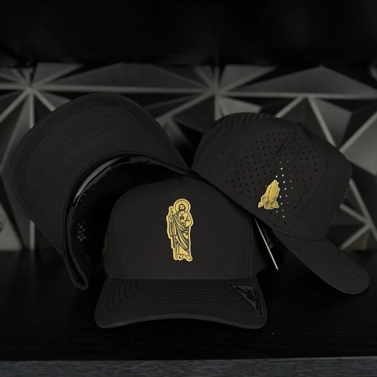 San judas gold plate SnapBack hat- black hydro
