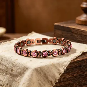 Retro Red Pure Copper Magnetic Therapy Bracelet With Transparent Crystals Unisex