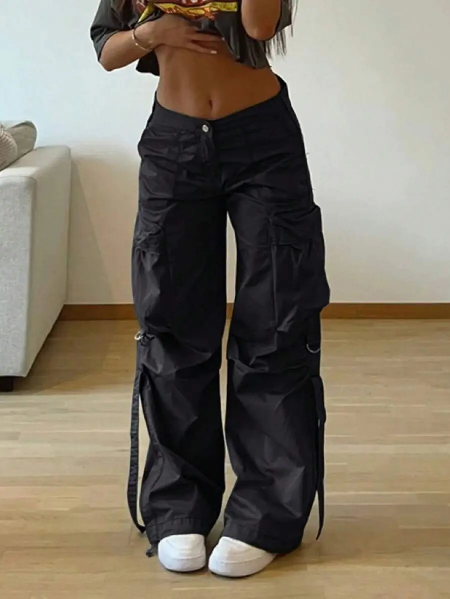Street Flap Pocket Tape Detail Loose Casual Wear Wide Leg Parachute Cargo Pants