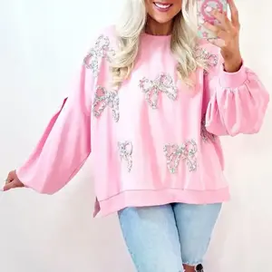 Pink Embroidered Bow Lantern Sleeve Oversized Pullover Women Sweatshirt for Valentine's Day（gift）