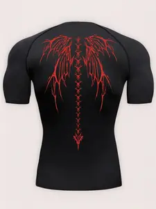Men's Wing Print Compression Sports Tee, Quick Drying Breathable T-shirt, Mens Gym Clothes, Compression Shirts, Comfy Men's Sportswear for Outdoor Gym Running, Workout Tops, Experimental Outfits, Gymclothes, Athletic Fashion, Sporty T Shirt