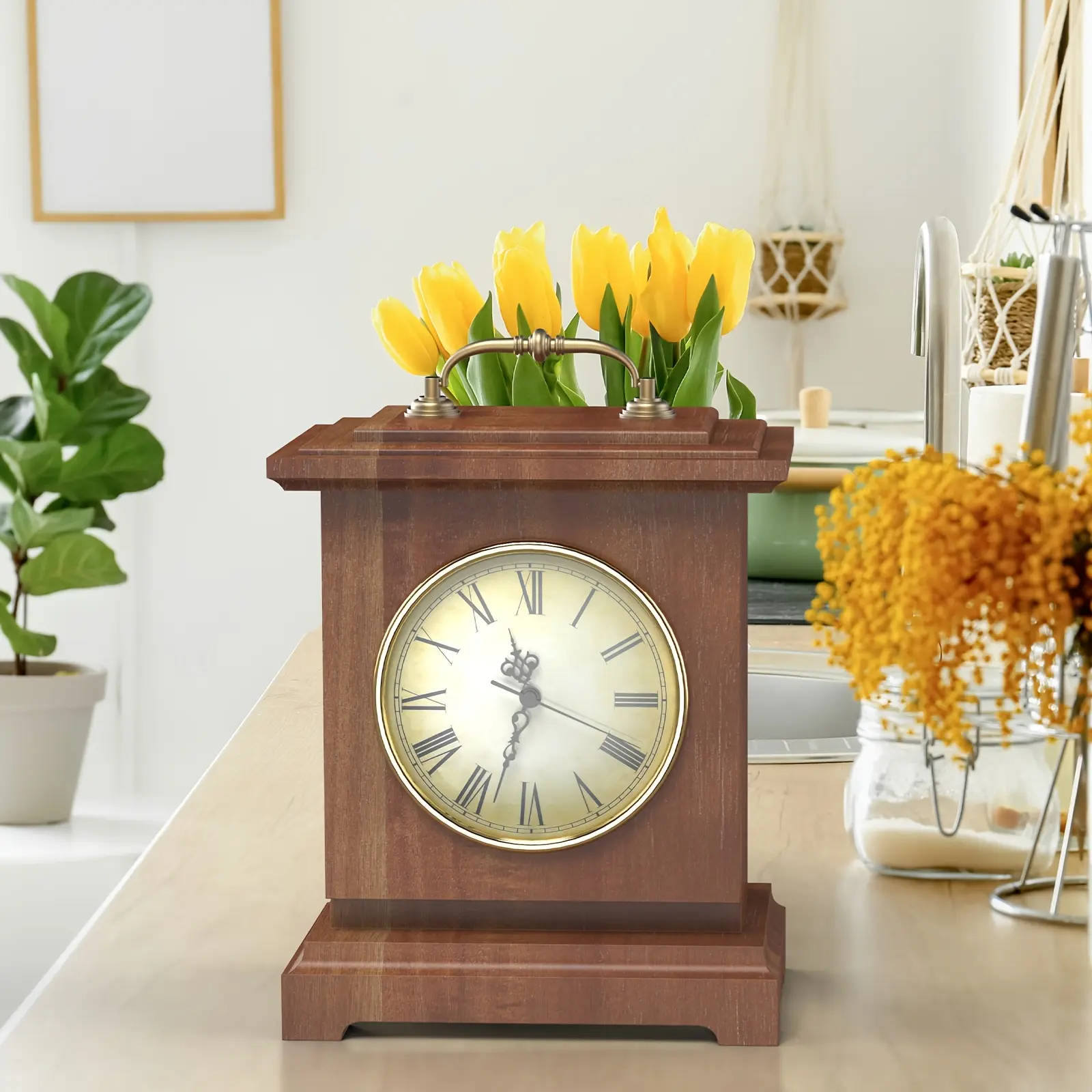 Vintage Dark Brown-1 Wooden Mantel Analog Clock, Swiss Silent Quartz Movement, Lockable Hidden Safe, Golden Handle, Carbon Fiber, Housewarming Gift, Adult Unisex Indoor Home Decor Accessory (Battery Not Included)