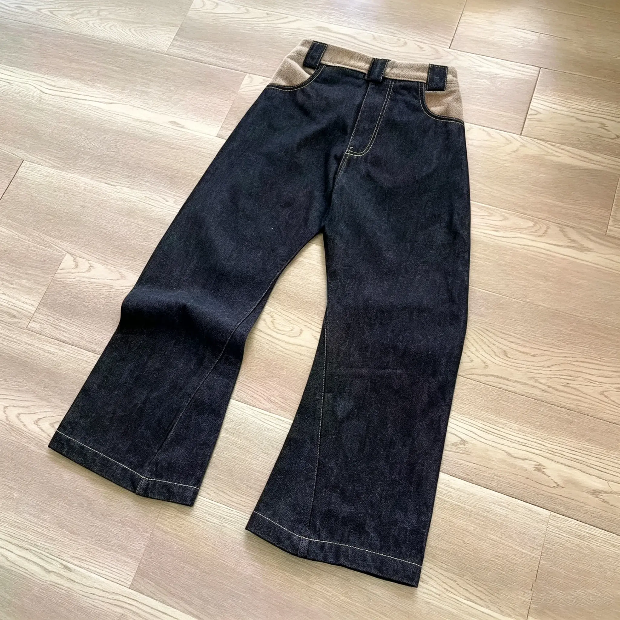 Color blocking curved knife wide leg jeans, flared jeans，Vintage Loose Wide Leg Casual Street Denim