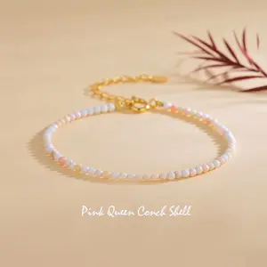 Natural Pink Queen Conch Shell Bracelets for Women - 2.5mm Handmade Faceted Beads Adjustable Boho Bracelet