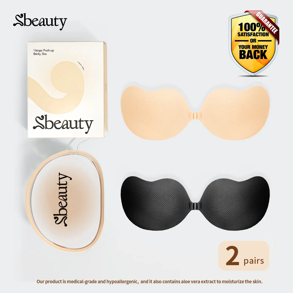 Sbeauty 2-Packs Unlined Breathable Bra Push-Up Stickers with Aloe Vera Extract Plain Design for Summer Basic Minimalist Womenswear Medical-grade Hypoallergenic 2 Pairs
