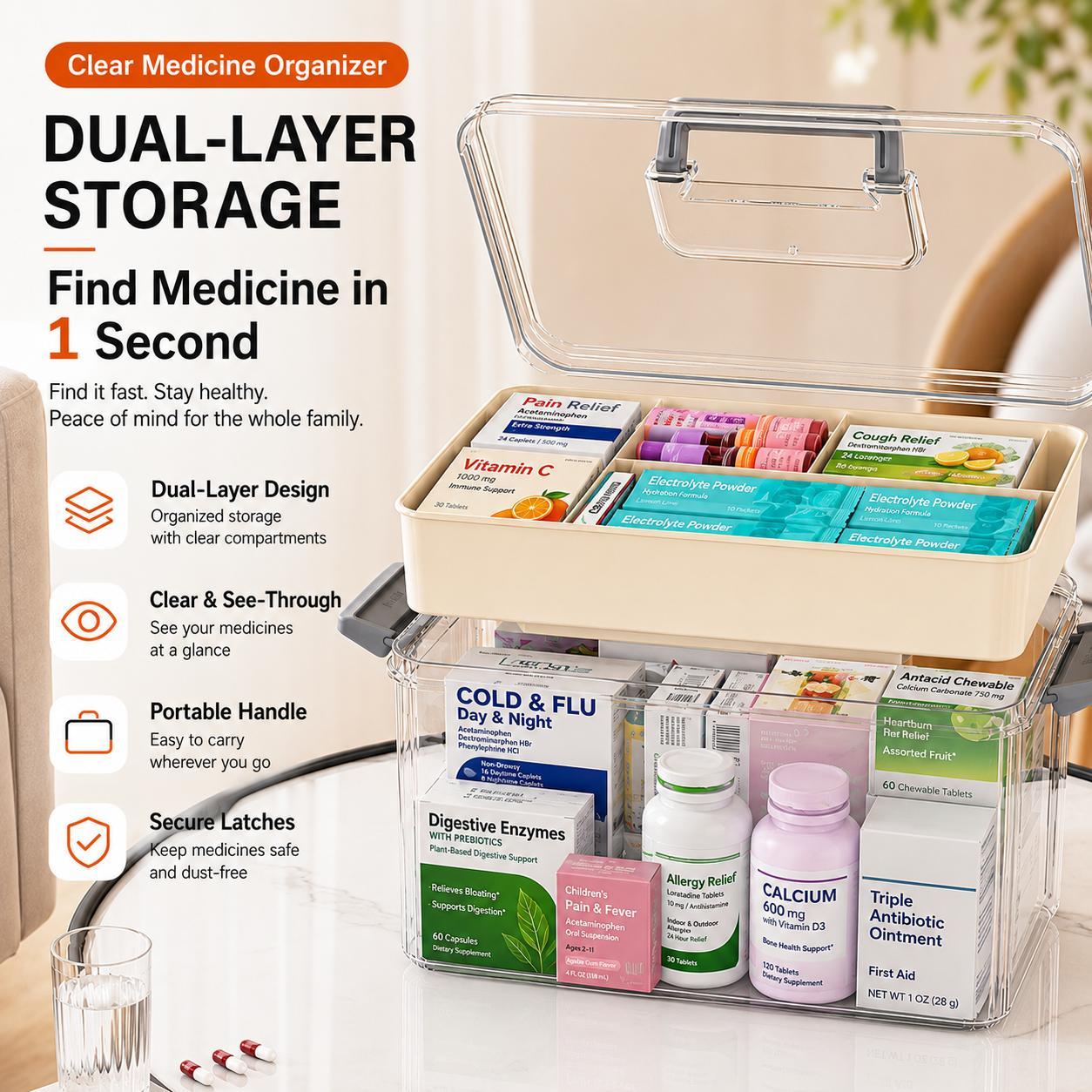 UFORU Modern Large Capacity Rectangle Medicine Organizer Box, Eco-Friendly Home Storage Bin, Double Layer Transparent PET Case with Handle, Snap-Seal Dryness Dust & Insect Block Moisture-Proof First Aid Kit - Suitable for Home/Travel UFORU Modern Large Capacity Rectangle Medicine Organizer Box, Eco-Friendly Home Storage Bin, Double Layer Transparent PET Case with Handle, Snap-Seal Dryness Dust & Insect Block Moisture-Proof First Aid Kit - Suitable for Home/Travel