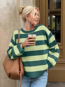Striped Sweater, Women's Hong Kong Style Korean Fashion Trendy Loose Round Neck Knit Sweater, Autumn and Winter Style Lazy Style Individual Harajuku