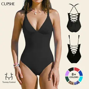 CUPSHE One-Piece Swimsuit: Plunging V Neck Sculpting Tummy Control Bathing Suit swimwear with Adjustable Lace-Up Back (Size XS-3XL) SpringStatements