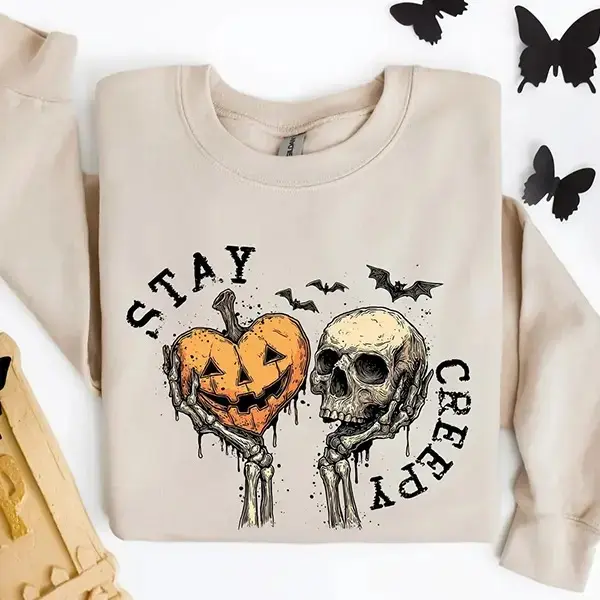 Stay Creepy Sweatshirt, Funny Skeleton & Pumpkin Halloween Sweater, Spooky Season Crewneck for Women, Gothic Fall Outfit, Cute Skull Lover Gift