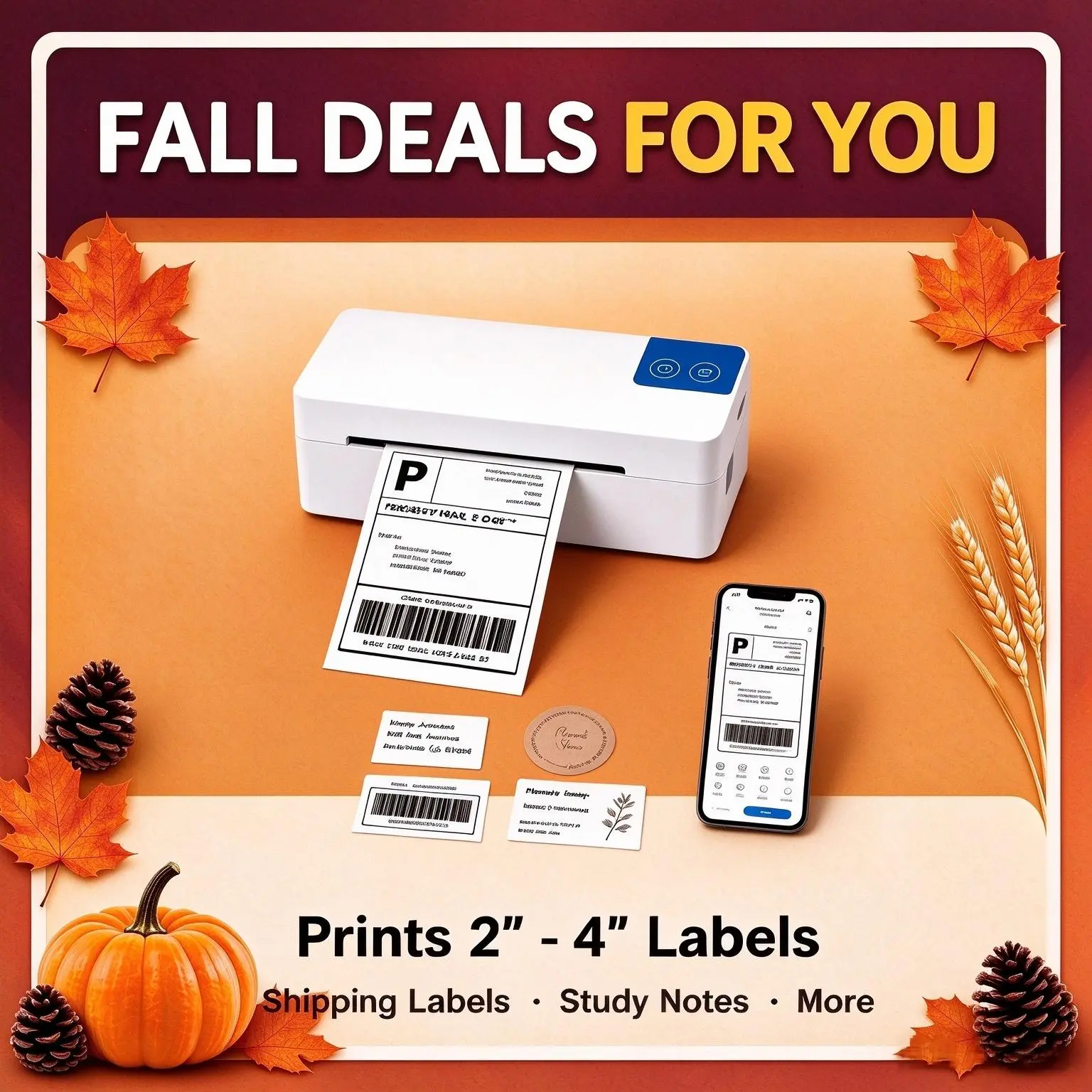 [Back to School] Bluetooth Wireless Thermal Label Printer - Inkless, Compact Monochrome AI, 203 DPI Faster & Clearer Prints, 50 Sheets, Detailed Setup Instructions, Compatible with iOS, Android, Windows, Mac, PC, Works with Etsy, USPS, Includes Batteries