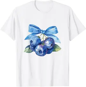 100% Cotton Coquette Bow with Blueberry Kawaii Charm Tee T-Shirt