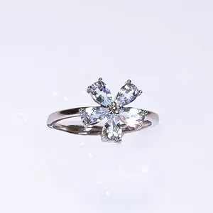 925 Sterling Silver Icy Blue Aquamarine Dripping Flower Ring